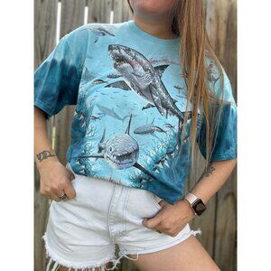 Vintage 97' Liquid Blue Shark All Over Print Graphic Tee T-Shirt Size Medium